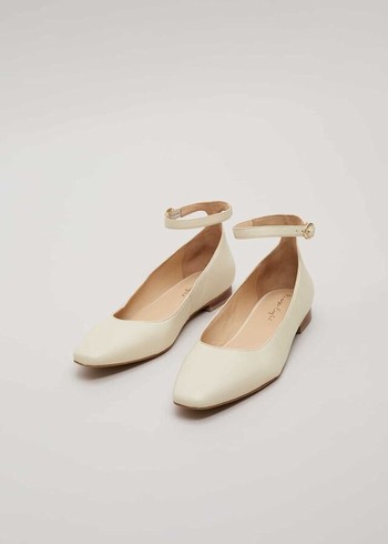 Phase Eight Leather Almond Toe Strap Ballerina Flats White Australia | WE7652419